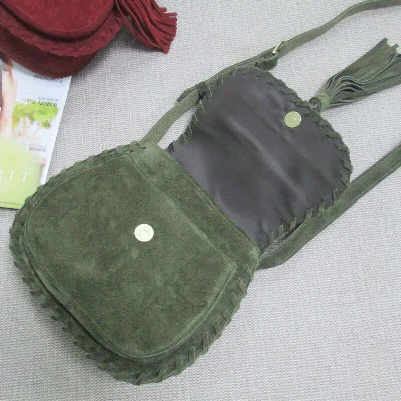 Women Suede Genuine Leather Braid Fringed Saddle Natural Nubuck Medium Size Ibiza Gypsy Hippie Boho Phone Side Sling Bag