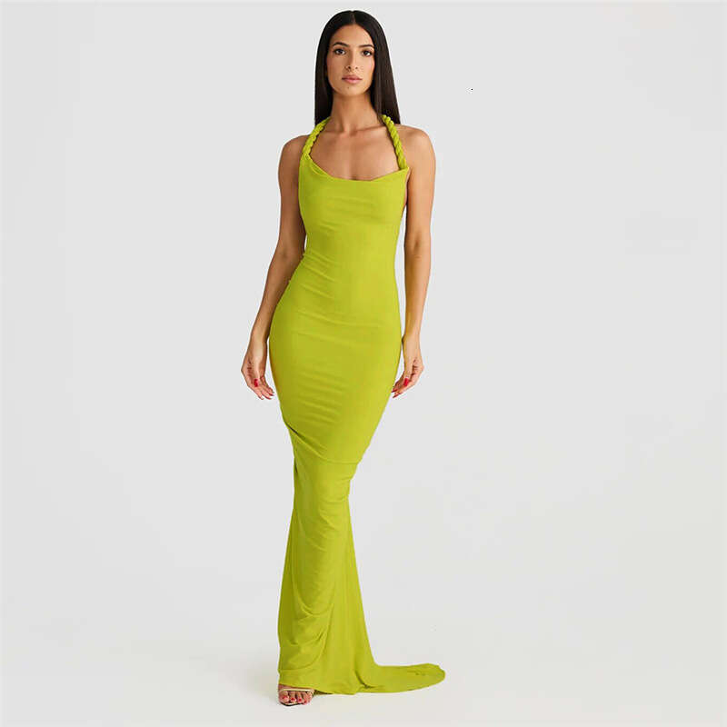Halter Dress Feng Spring Summer Women S New Hanging Neck Large Open Back Pleated Wrapped Hip Sexy Long Dress Maxi Dress
