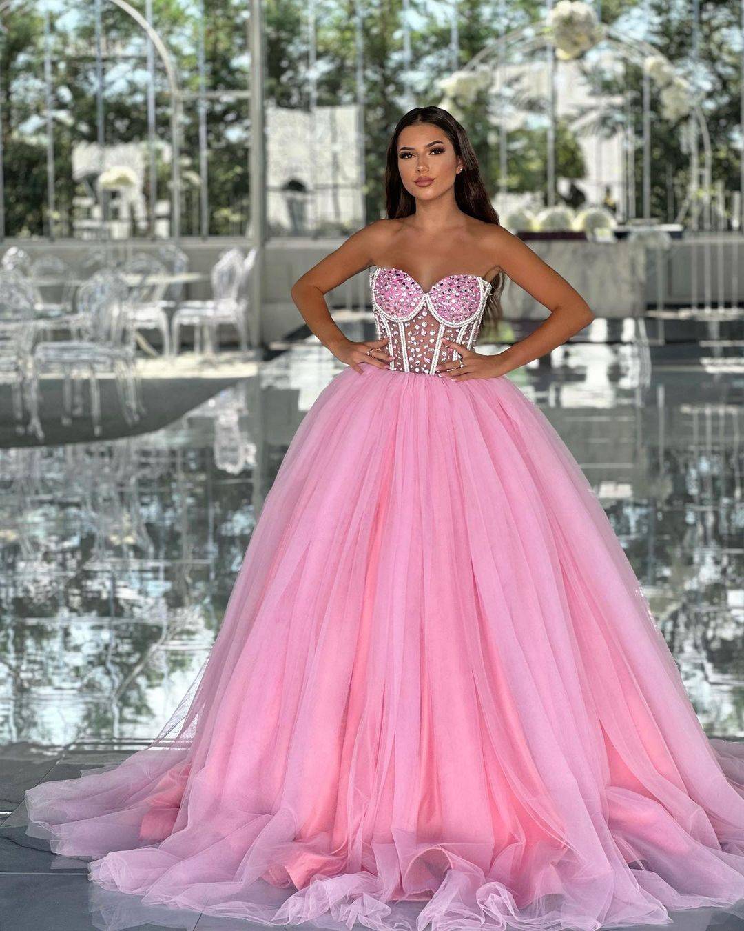 Pink Tulle Evening Dress Sexy Sweetheart Neck Beading A Line Prom Dresses Special Occasion Gowns