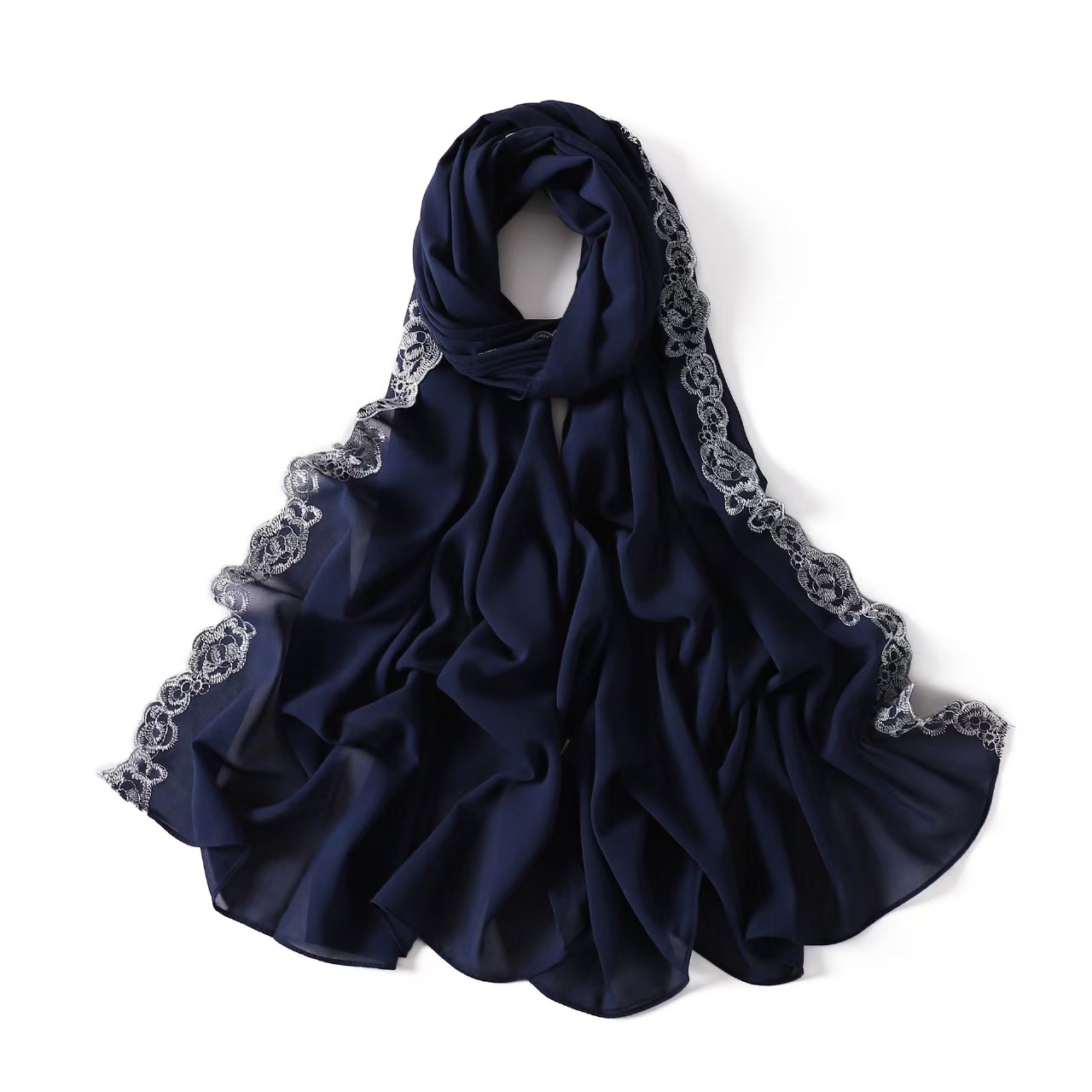 T757 lace trim solid color pearl chiffon long scarf Indonesian monochrome headscarf hijab scarf female
