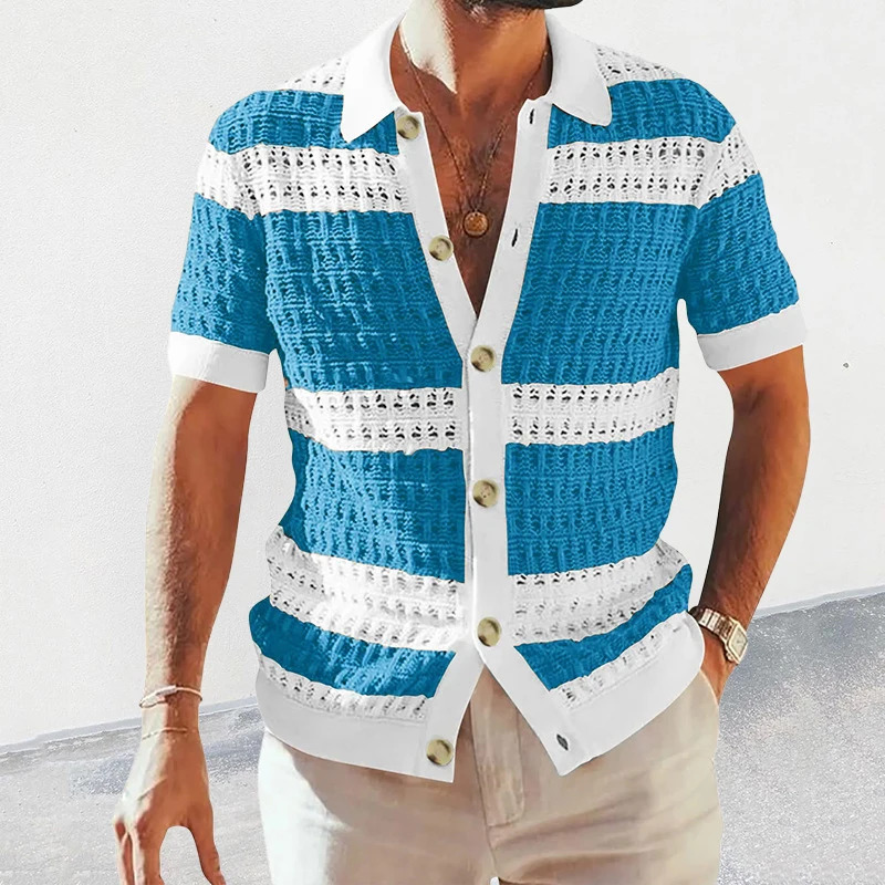 Seaside Beach Casual Shirts Mens Spring Summer Fashion Striped Knitting Cardigan Tops For Men Vintage Buttoned Lapel Shirt 250520