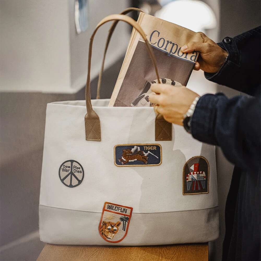 Maden New Vintage Embroidered Tote Large-Capacity Patchwork Handbag Versatile Single - Shoulder Unisex Style White Bags