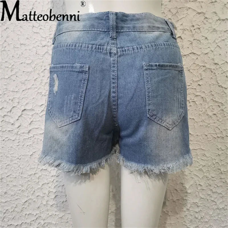 2024 Summer Women Ripped Repaired Denim Shorts High Waist Bodycon Distressed Hole Bottoms Casual Pockets Sexy Short Jeans 250514