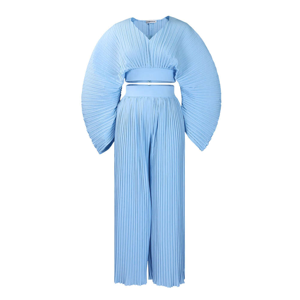 Women's Wear D3271 Women's New Spring Loose Pleated V-Neck Top Wide Leg Pants Two-Piece Set