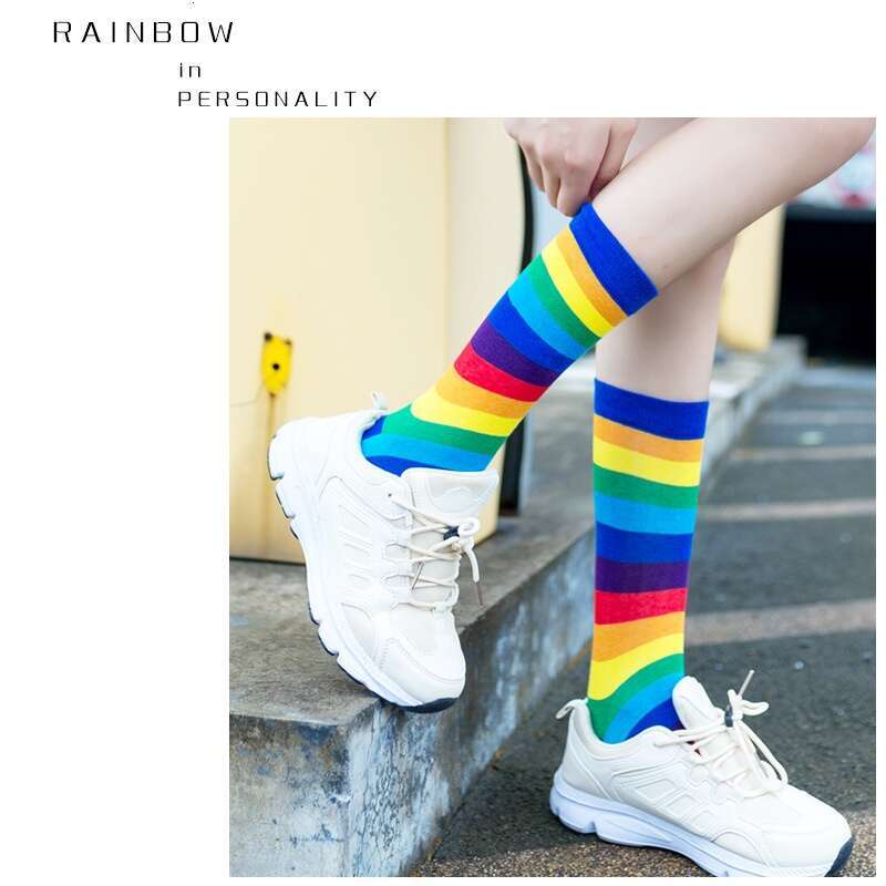 Socks For Children, Mid Tube Socks, Spring And Summer, Korean Version, Internet Celebrity, Long Rainbow Candy Stripe, High Tube, Ins, Trendy Cotton So