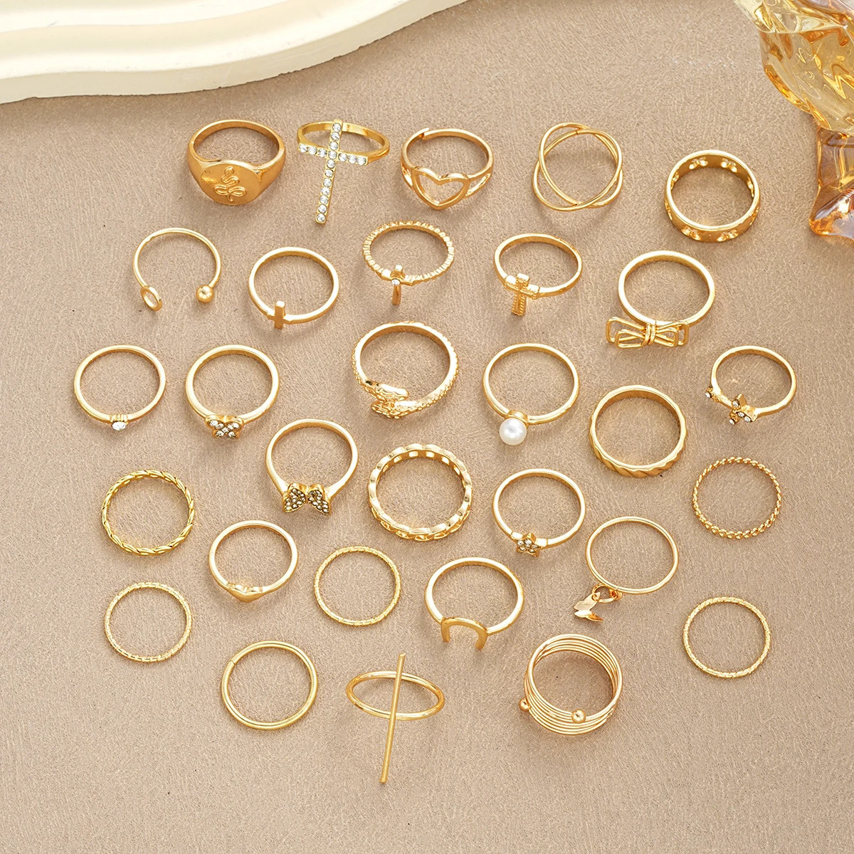 30pcs/Set Fashion Cross Love Rhinestone Ring Simple Wave Metal Circle Hollow Geometric Rings For Women Trendy Jewelry Gifts 250519