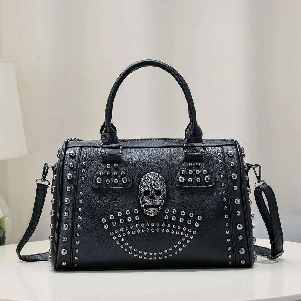 Dark Punk Style Handbag Personality Rivet Trend Boston Large Capacity Shoulder Messenger Black Bag