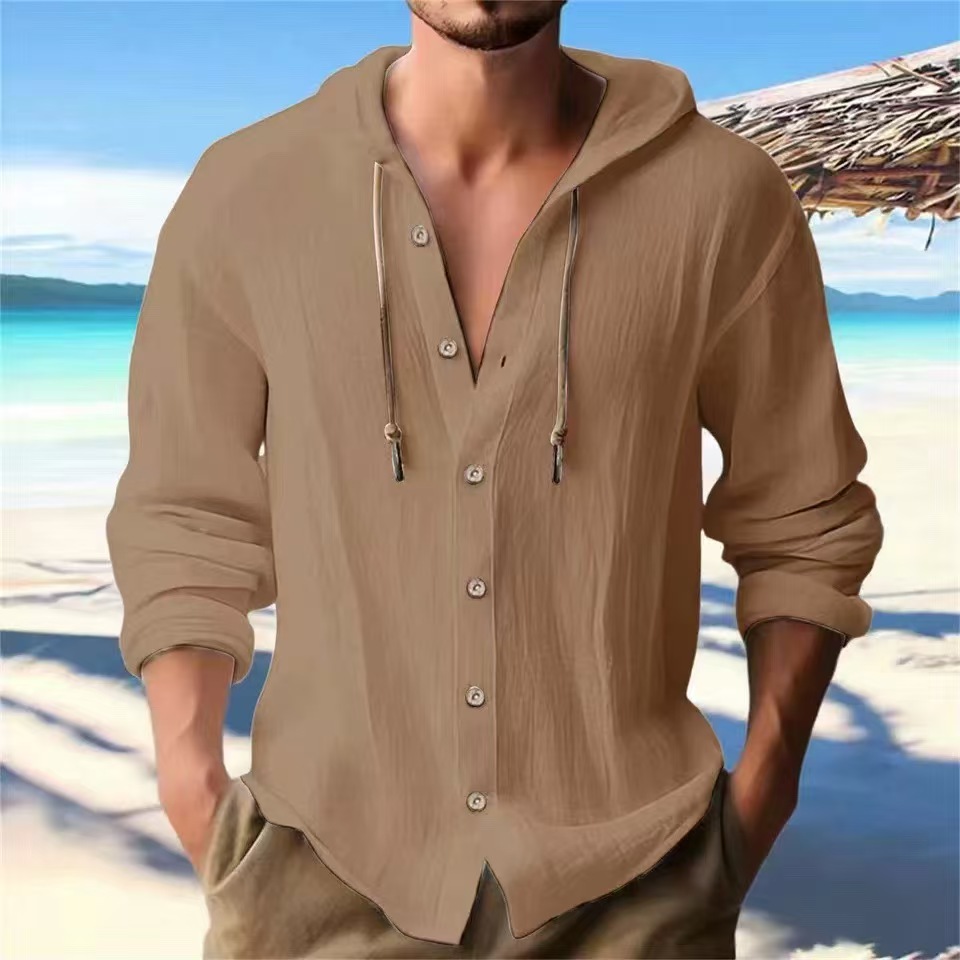 2025 New Spring Summer Men's Hooded T-Shirt Pure Color Cotton Linen Men's Casual Long-Sleeved Top