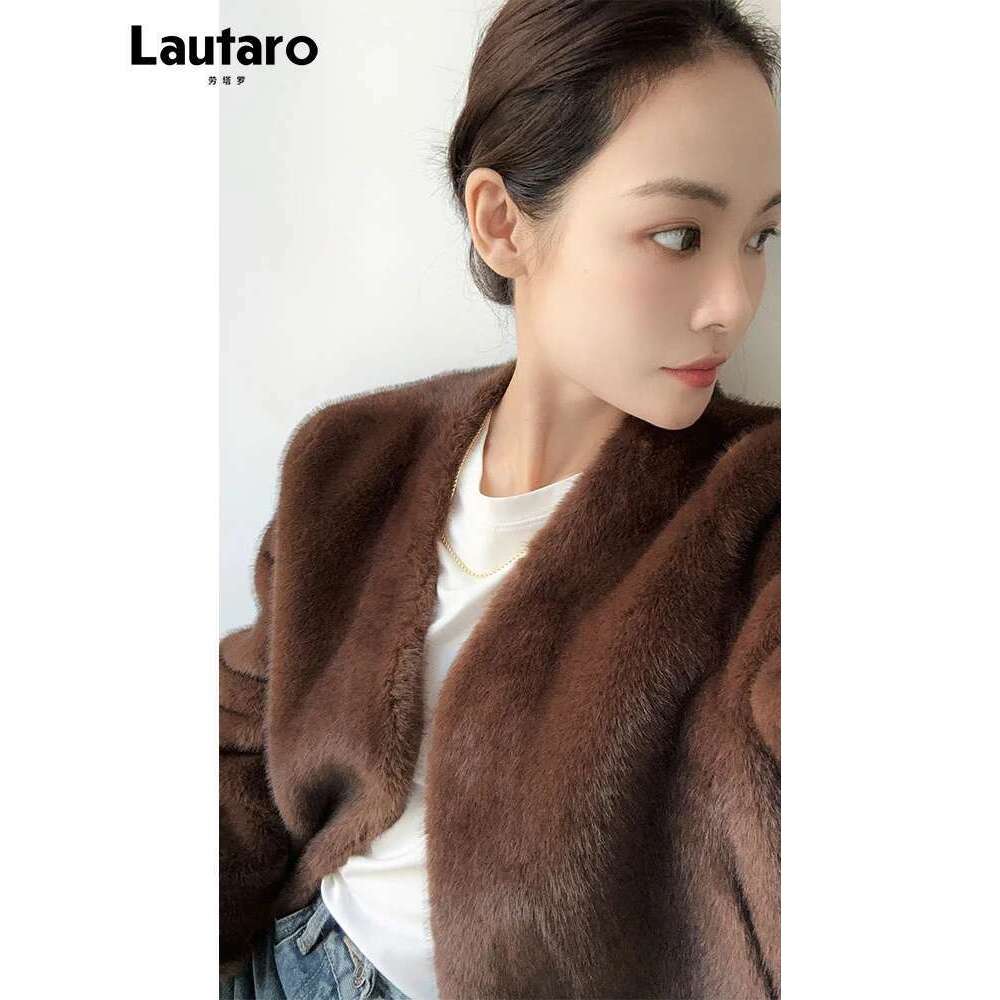 Lautaro Autumn Winter Chic Soft Thick Warm Brown Faux Mink Fur Coat Women with Deep V Neck Long Sleeve Fluffy Jacket 2024