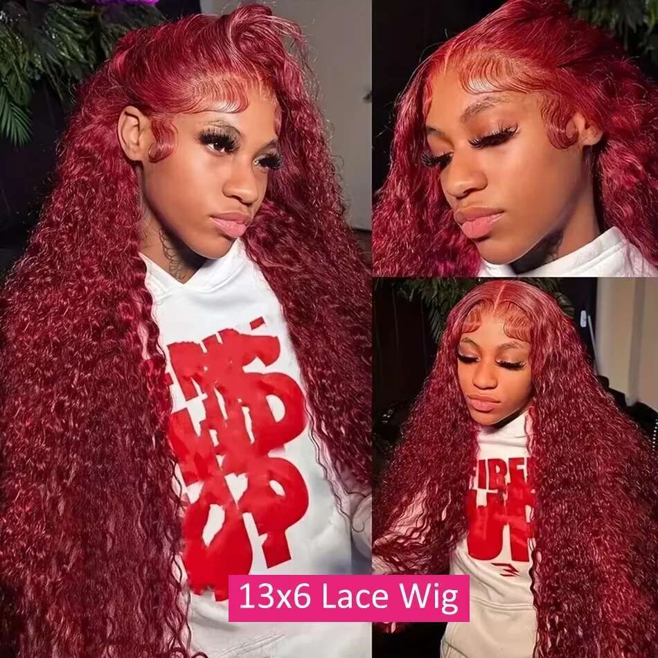 Bury Curly 13x6 Hd Lace Frontal Human Hair 100% Brazilian 13x4 Water Deep Wave 99J Red Colored Wig For Women 30 36 Inch