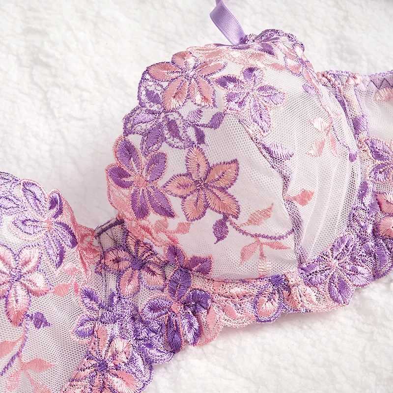 Sexy Purple Sexy Lingerie for Women Mesh Hollow Out See-Through Thin Embroidered Sexy Interesting Lace Underwear Set New R250520