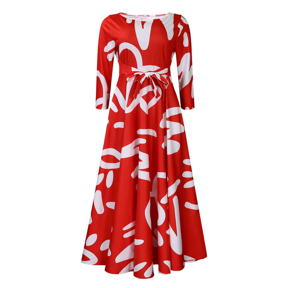 Women's Wear Spring/Summer New Fashionable And Elegant Print Lace Up Round Neck Large Swing Dress