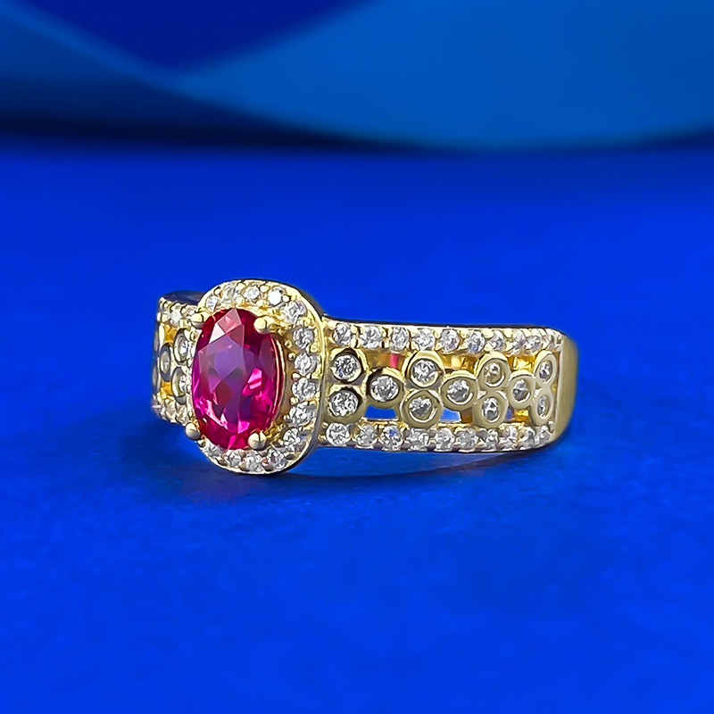 S925 Silver 4*6mm Oval Ruby Ring with Gold Plating and Diamond Embellishments - Elegant and Versatile Everyday Accessory