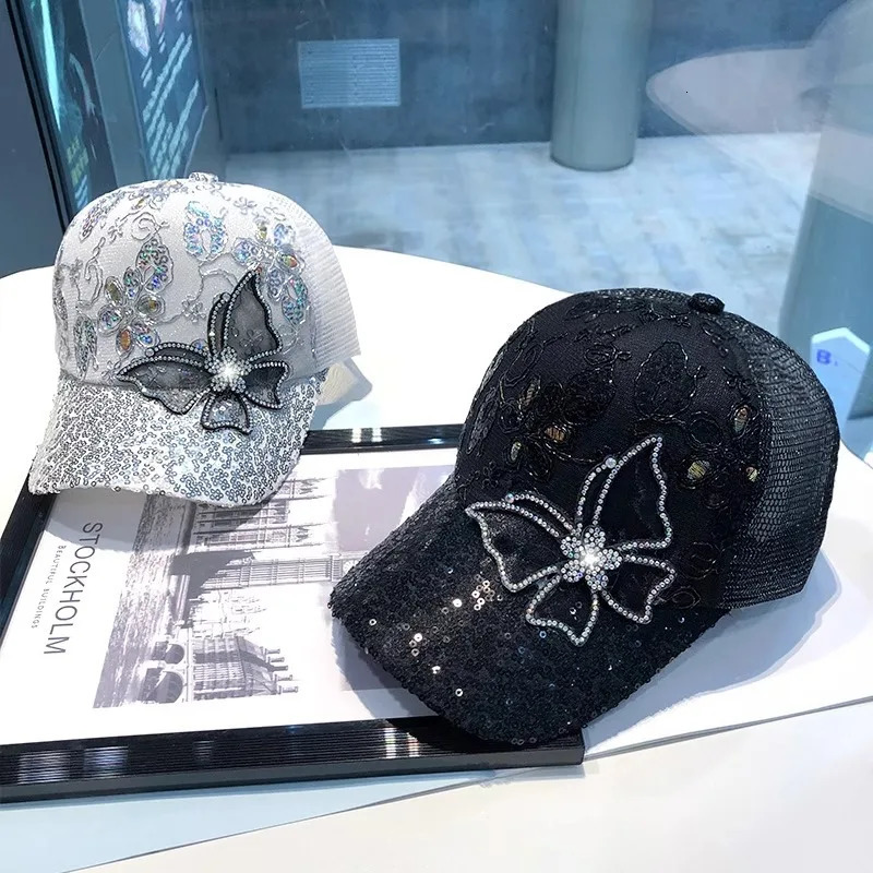 Women Summer Mesh Baseball Cap Shiny Rhinestone Butterfly Sun Visor Hat For Ladies Glitter Sequins Breathable Sunscreen Caps 250519