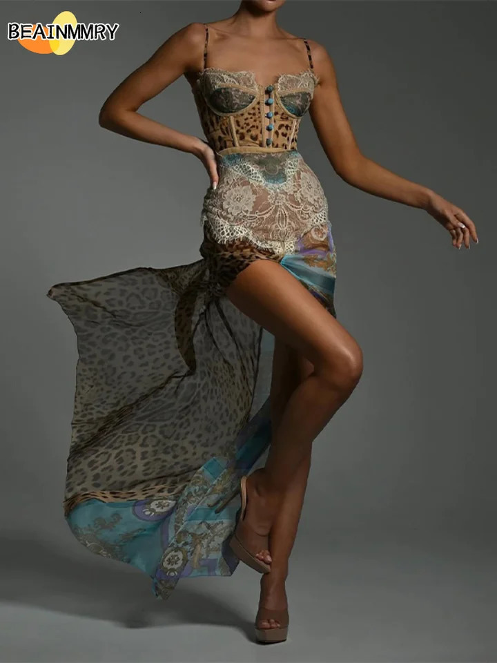 Summer Beach Leopard Print Dress Sexy Lace Split Patchwork Chiffon Dresses Women Elegant Sleeveless Backless Evening Gowns 250520
