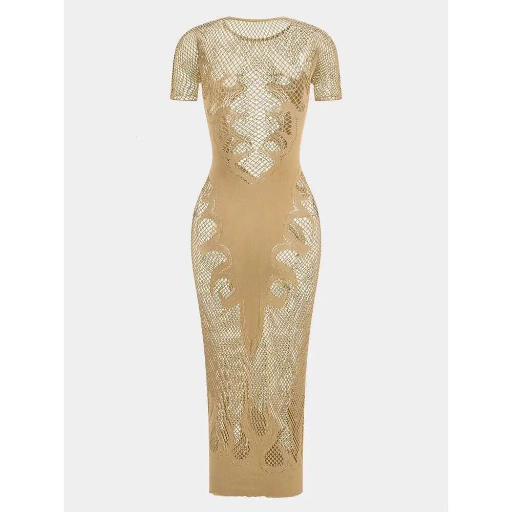 Knit Sheer Short Sleeve Cut Out Long Women Summer Column Party Dresses Cover Up Slim Dress
