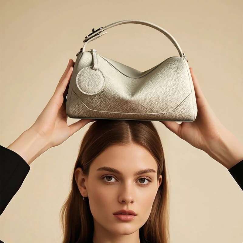 2025 New Genuine Leather Crossbody Boston Bag,Vegetable Tanned Cowhide Women Shoulder Bag,Elegant Buckle Handbag,Black/Brown
