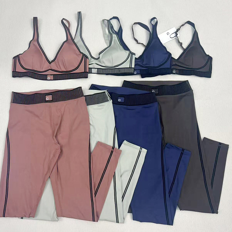 2025 Women's Quick-drying Sports Bra Fashion High Waist Hip Tummy Tights Breathable alosetly Fiess Running Set Flocking Bra+Leggings alosetly women clothes Suit