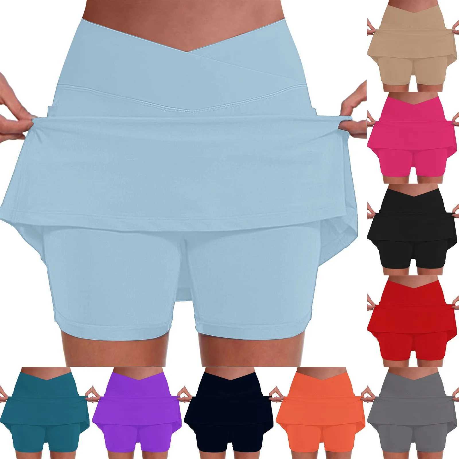Double Layers Womens Solid Color Casual Athletic Fitness Running Yoga Pleated Shorts Skirt Sport Tennis Skirt XJ250520