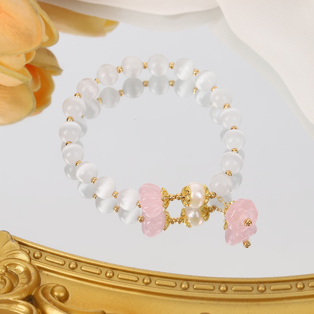 Chinese Ins Sakura Pink Pendant with a Unique Design, Crystal White Cat Eye Lotus Pong Women's Bracelet