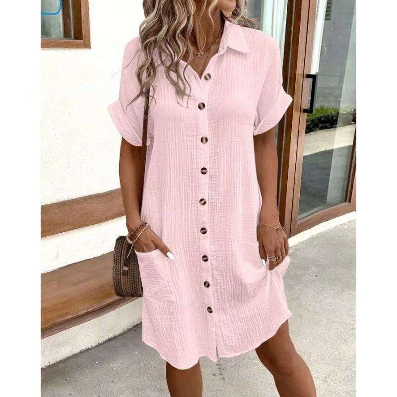 Dresses for Woman Summer Dress Devise 2025 New Clothing Womens Hot Products Solid Color Cotton Hemp Buckle Medium to Long Short Sleeves