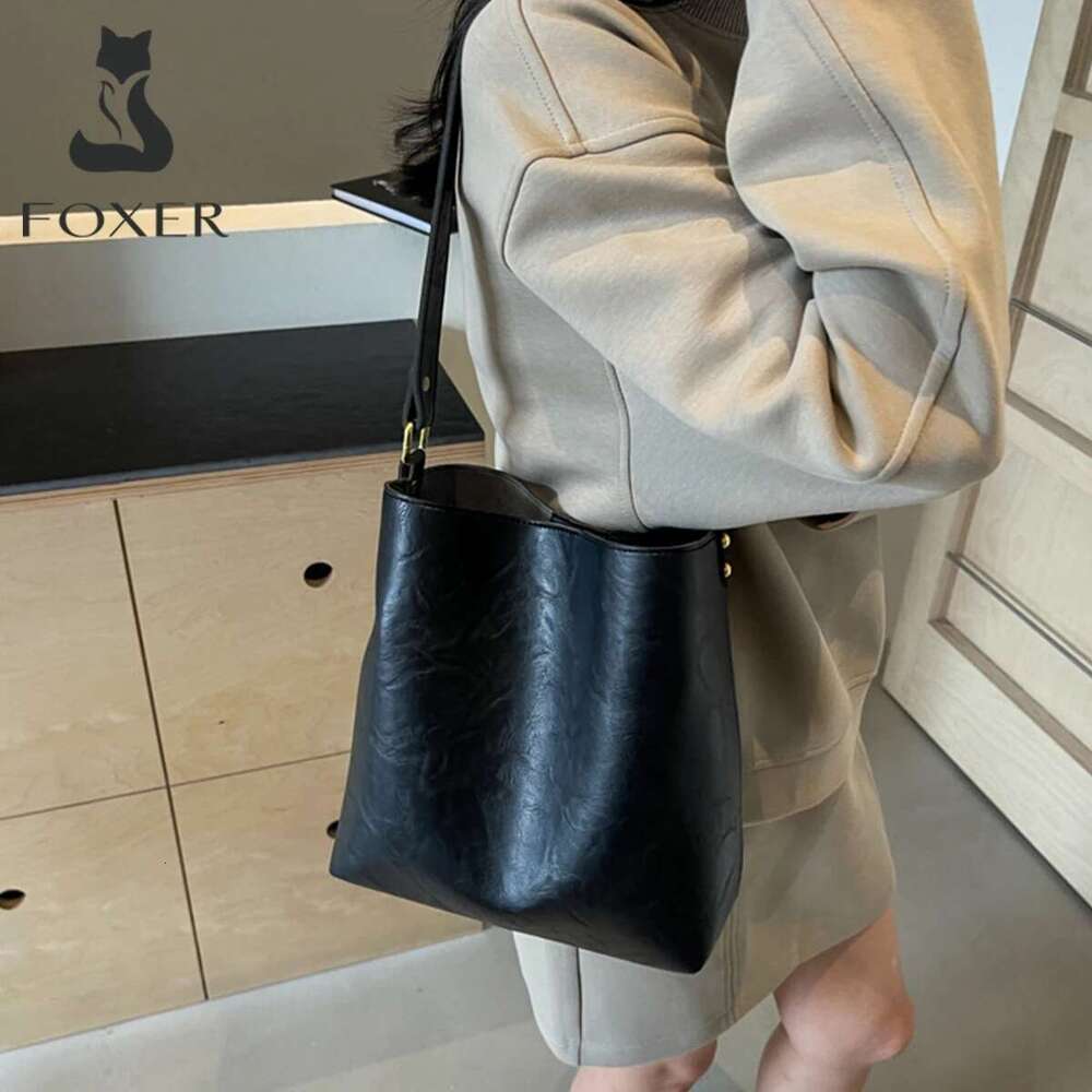 Women's Bags Designer FOXER Women PU Classic Bucket Shoulder Handbag With Two Strap, Lady Large Capacity Bag Set Simple Purse