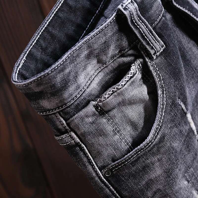 Street Fashion Men Retro Black Gray Stretch Slim Fit Hole Patched Ripped Jeans Painted Designer Vintage Denim Pants Hombre