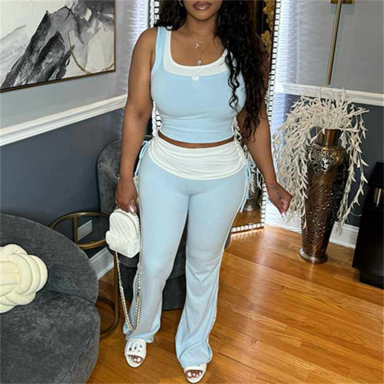 Online Wholesale Supplier Color Block Tank Top Bell Bottom Pants Two Piece Sets Clothes for Women