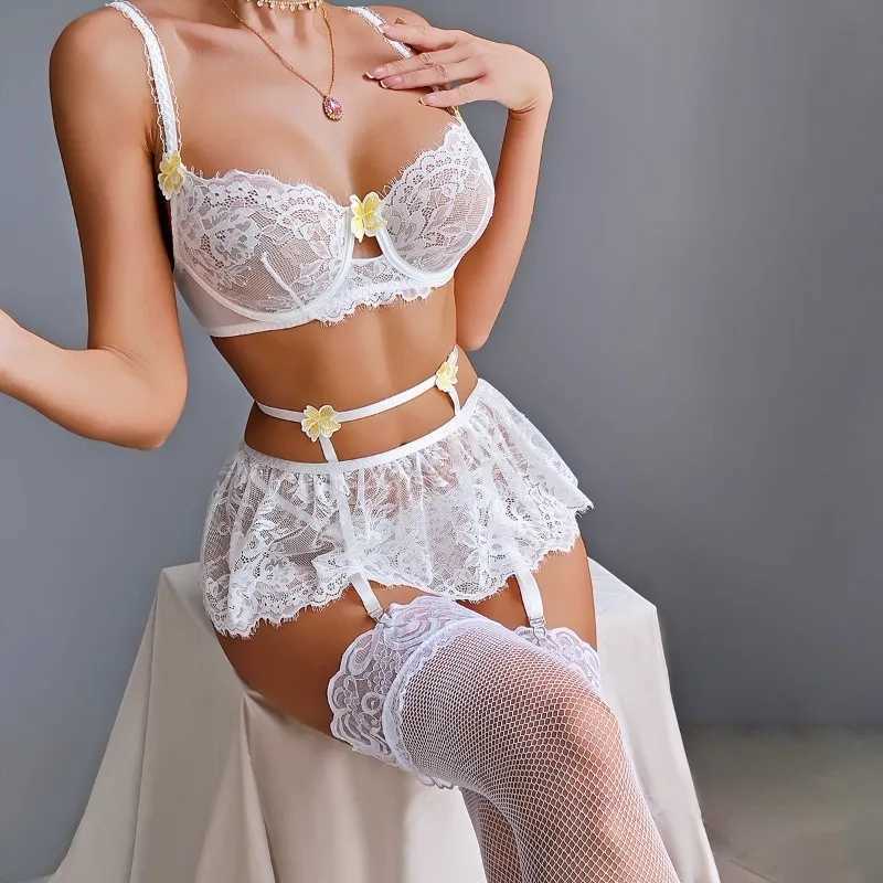 Sexy Embroidery Lingerie Suit for Women 3D Flowers Patchwork Lace See-through Solid Color Mesh Womens Underwear Set New R250520