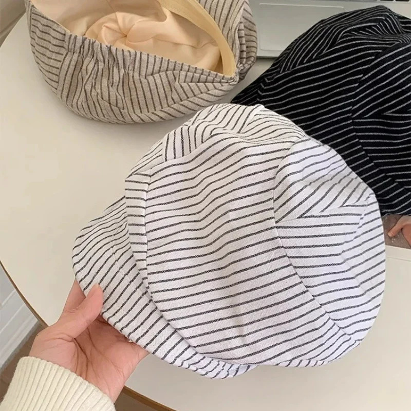 Japanese Classic Color Matching Striped sboy Hats Women Summer Breathable Versatile Show Face Small Retro Literary Berets 250520