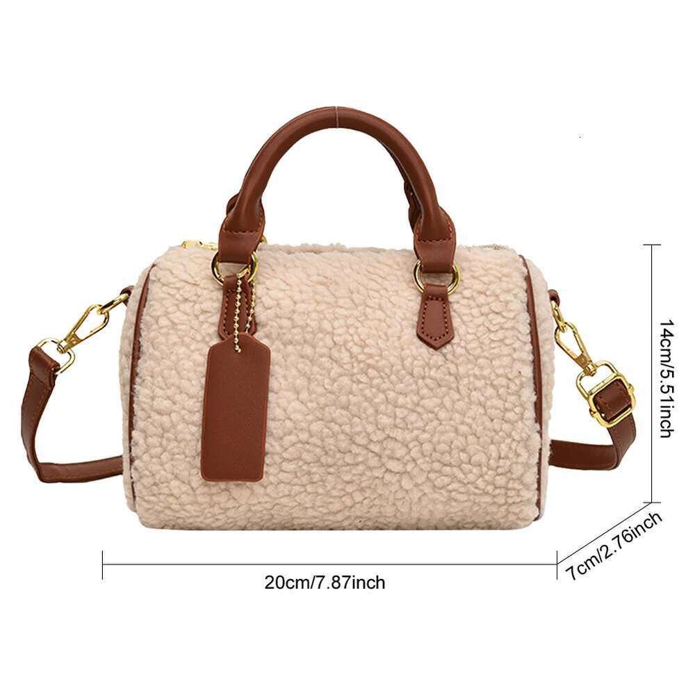 Women PU Leather Shoulder Fluffy Furry Boston Barrel Bag Pocket Satchel Purse With Zipper Handbag For Work Travel