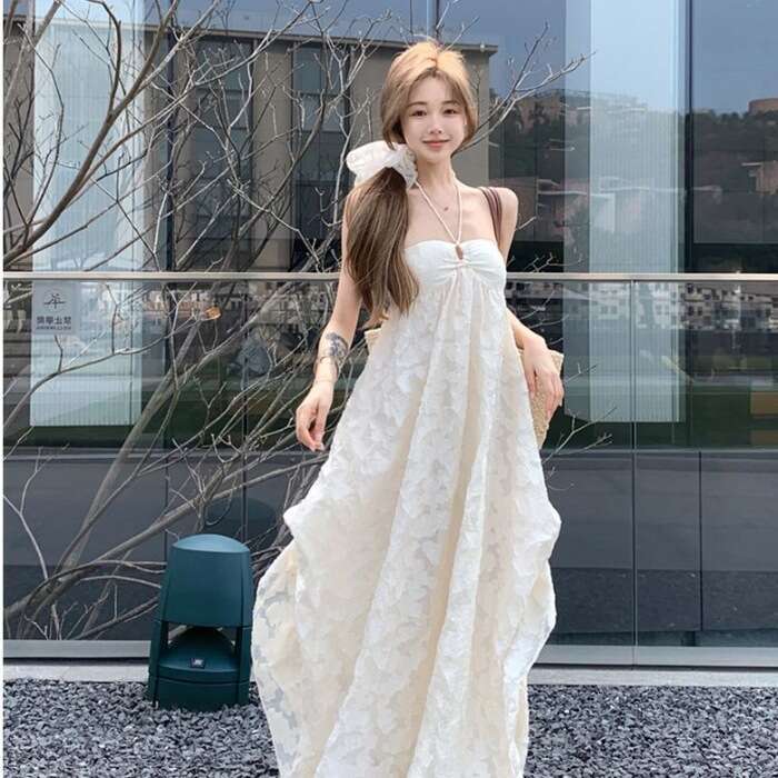 Halter Dress Beach Vacation Style Backless Hanging Neck Dress Beach For Women In Early Spring With Chest Cushion A Line Pure Desire Hollow Out Long Sk