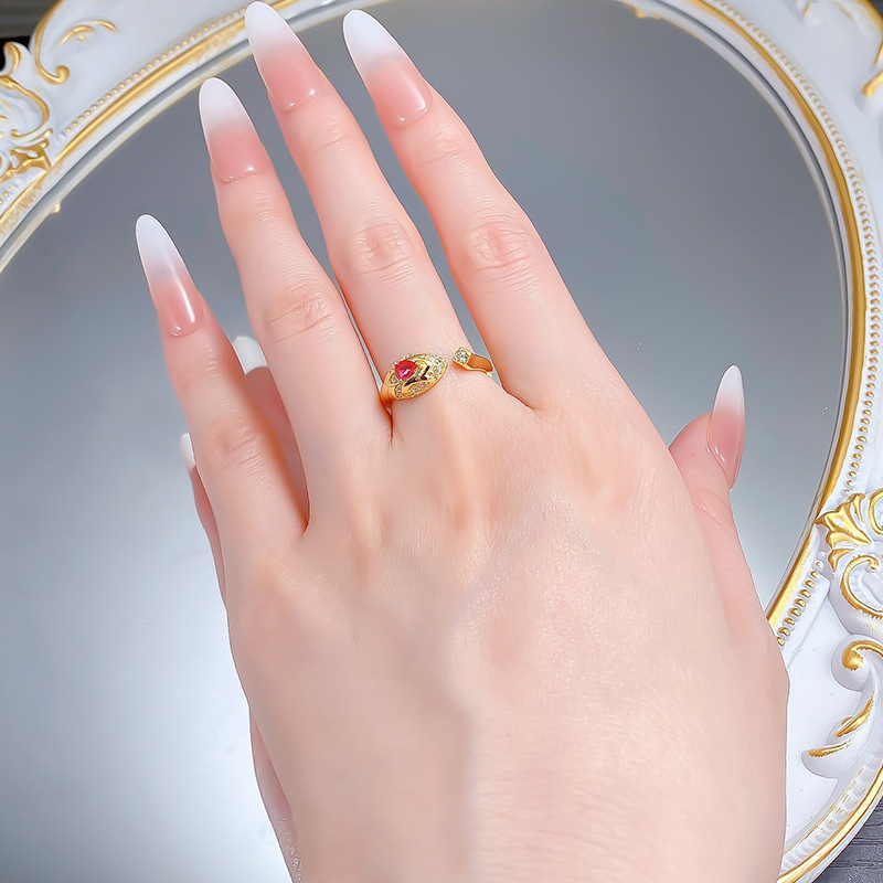 Luxury Retro Chinese Style S925 Silver Snake Open Ring with Ruby Accent
