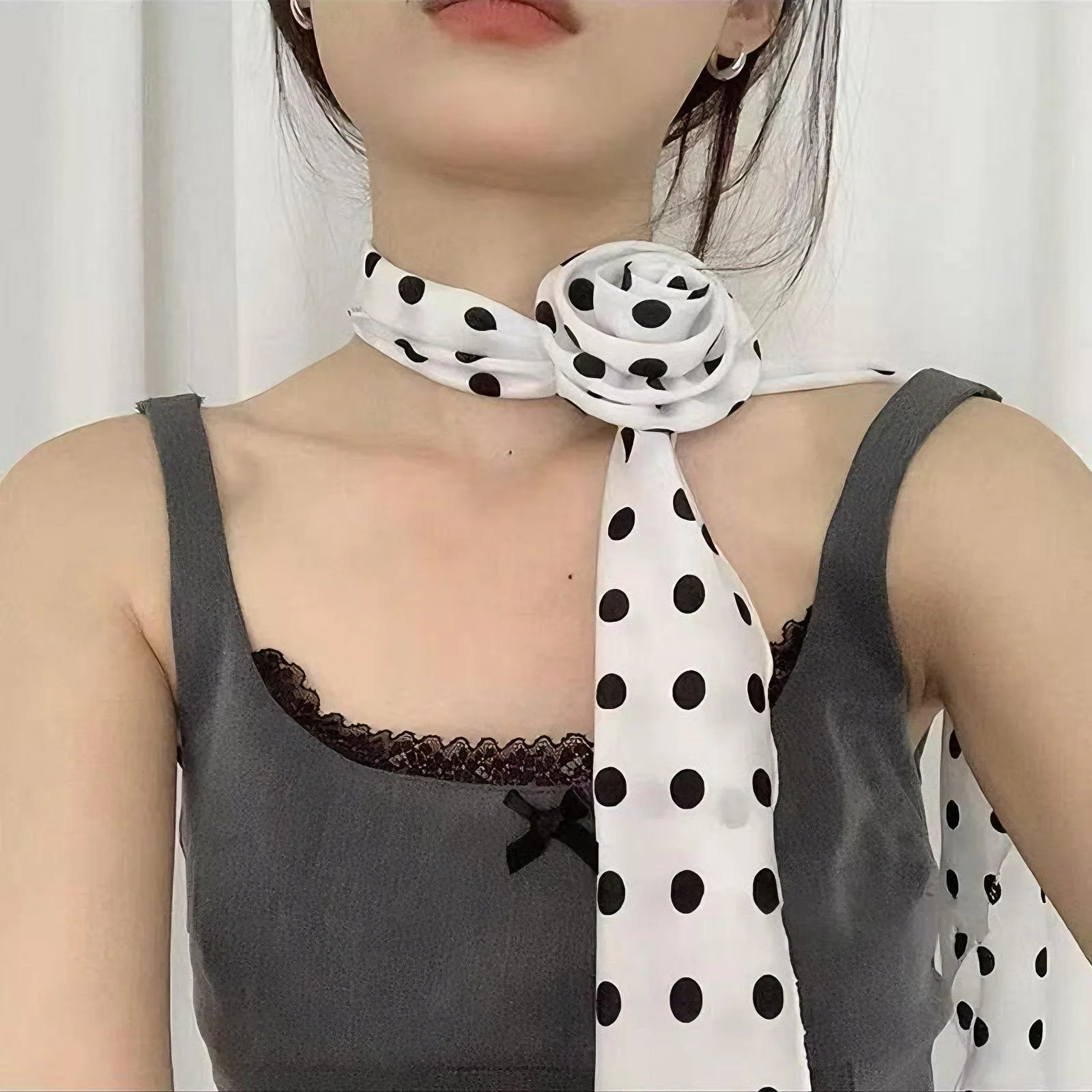 Womens Silk Scarf Korean Version High Grade Silk Scarf Womens Long Polka Dot Rose Bib Ribbon Stylish Everything Girls Gifts 250517