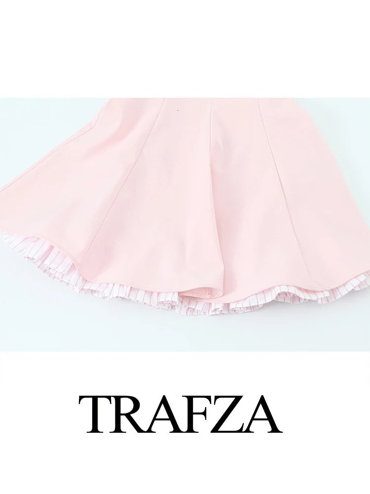 TRAFZA Womens Summer Sweet Round Neck Pink Striped Short Sling Dress Female Elegant Pleated Sexy Slim Mini Sleeveless 250520