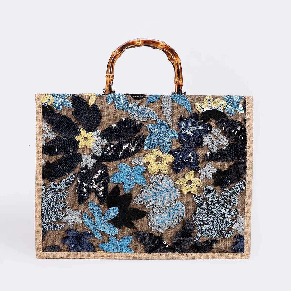 High Quality Designer Bags Vintage Bamboo Handle Women Handbags Sequins Embroidery Tote Bags Casual Linen Large Capacity Beach Bag Big Female Purse Lu