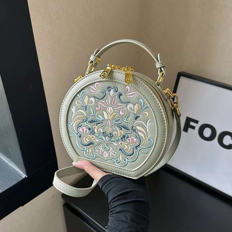 2025 National Embroidered PU Leather Small Handbag Round Shape Women Shoulder Bag Fashion Designer Purses Cross Body Bags