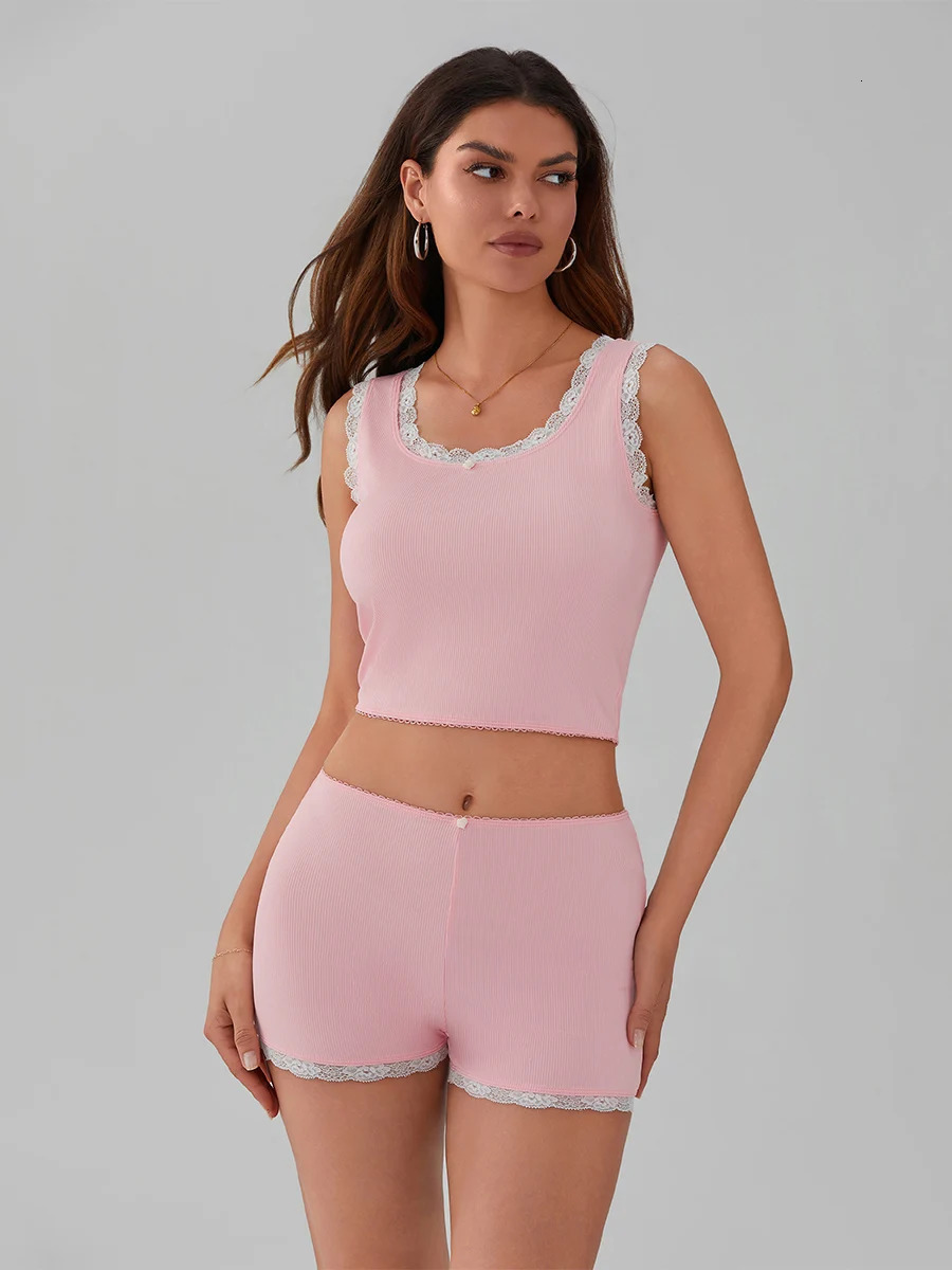 Women s 2 Piece Summer Set Lace Trim Scoop Neck Crop Tank Tops Elastic Waist Short Casual Outfits 250516