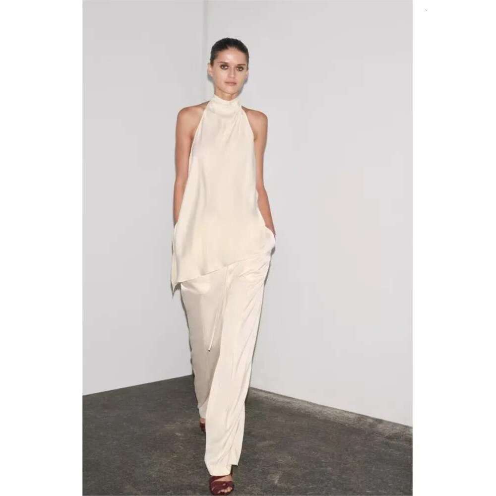 TRAF Wide Leg Pants Set 2 Pieces Sexy Backless Asymmetric Top Women Drawstring Trouser With Elastic Waist Female Outfit