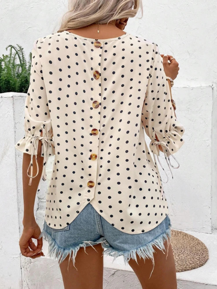 Womens Polka Dot Print Round Neck Sleeveless Shirt Spring Summer n with Buttons and Drawstring Cuffs 250514