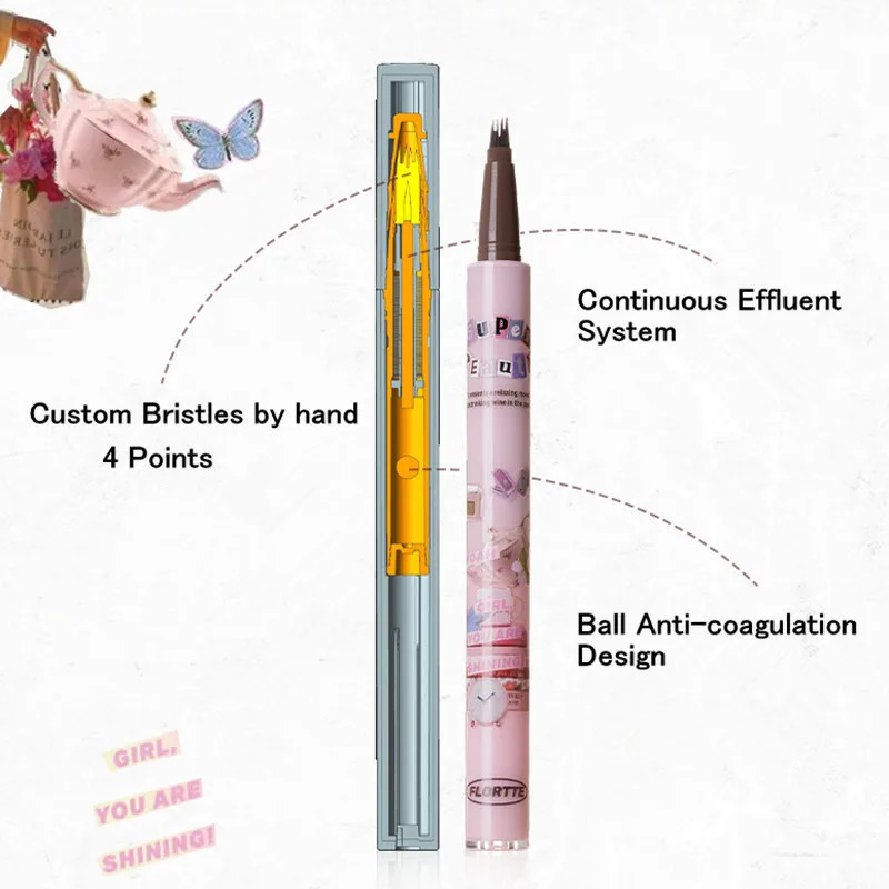 FLORTTE 4 Forks Liquid Eyebrow Pen Waterproof Natural Brows Enhancers Pencil Lower Eyelash Eyeliner Aegyo-sal Hair Line Definer 250515