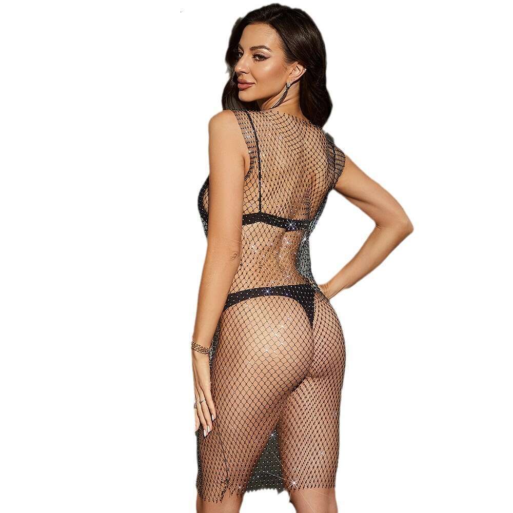 Dia fishing net top in 2025 European and American summer hot selling grid sparkling dia women's short sleeved dress new casual fashion trend clot