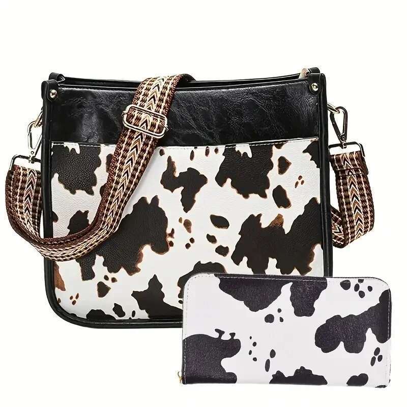 Cow Pattern Messenger Bag, Fashion Faux Leather Shoulder Crossbody Bag With Vintage Strap, Women's Versatile Handbag & Purse