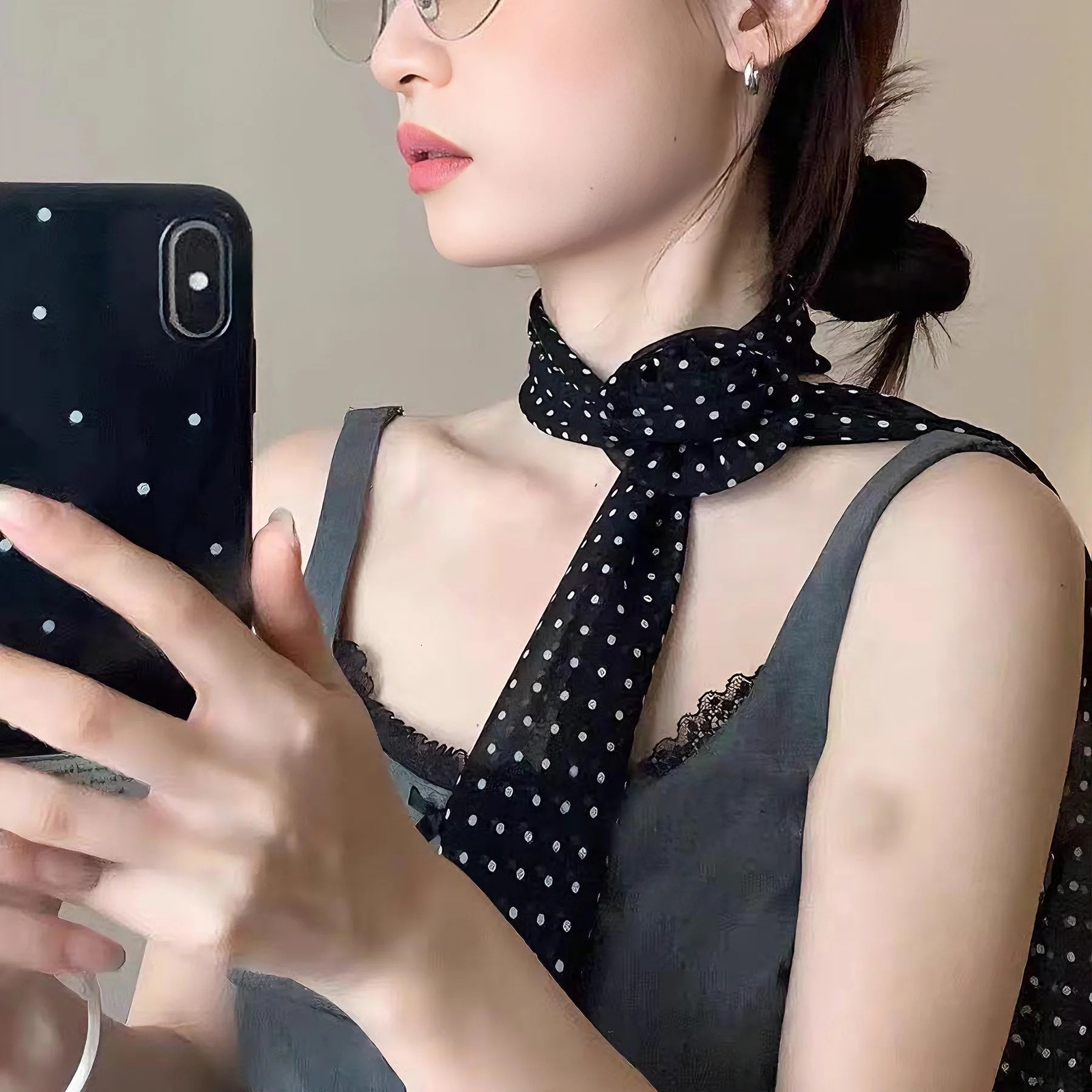 Womens Silk Scarf Korean Version High Grade Silk Scarf Womens Long Polka Dot Rose Bib Ribbon Stylish Everything Girls Gifts 250517