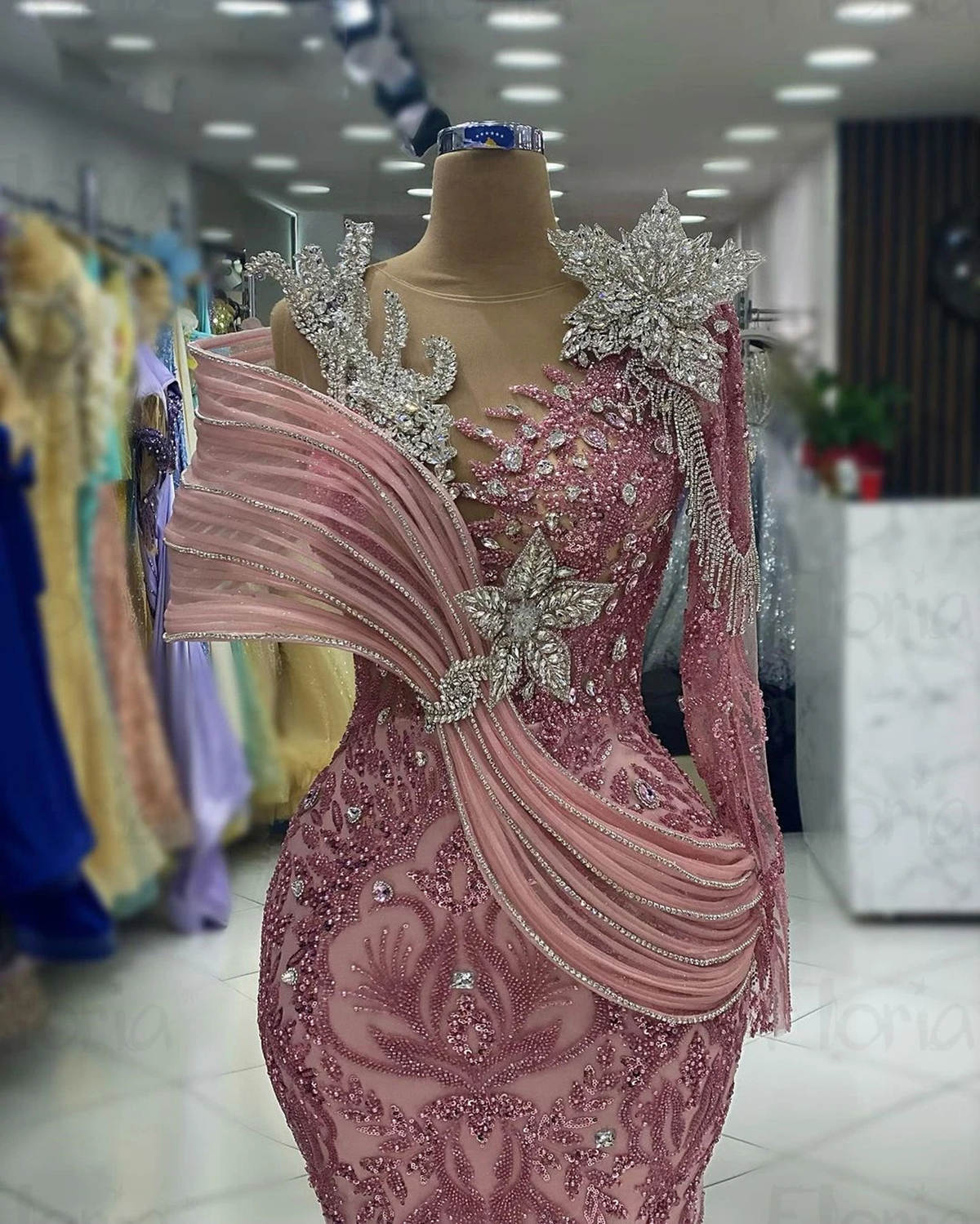 African Luxury Beading Evening Dresses Sheer Jewel Neck Long Sleeve Mermaid Zipper Back Slim Fit Sexy Prom Gowns