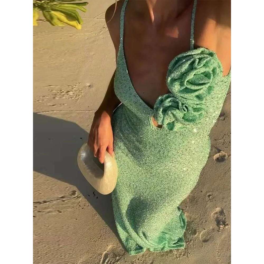 Sexy Sequin 3D Flower Long Beach Dress Women Retro Knitted V-Neck Sleeveless Glitter Sling Dresses Female Chic Holiday Vestidos Designer