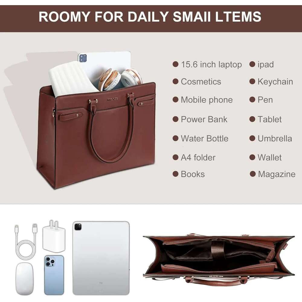 Women Laptop for Book Dell 15.6 inch PU Leather Office Travel Tote Bag Waterproof Computer Shoulder Messenger Briefcase