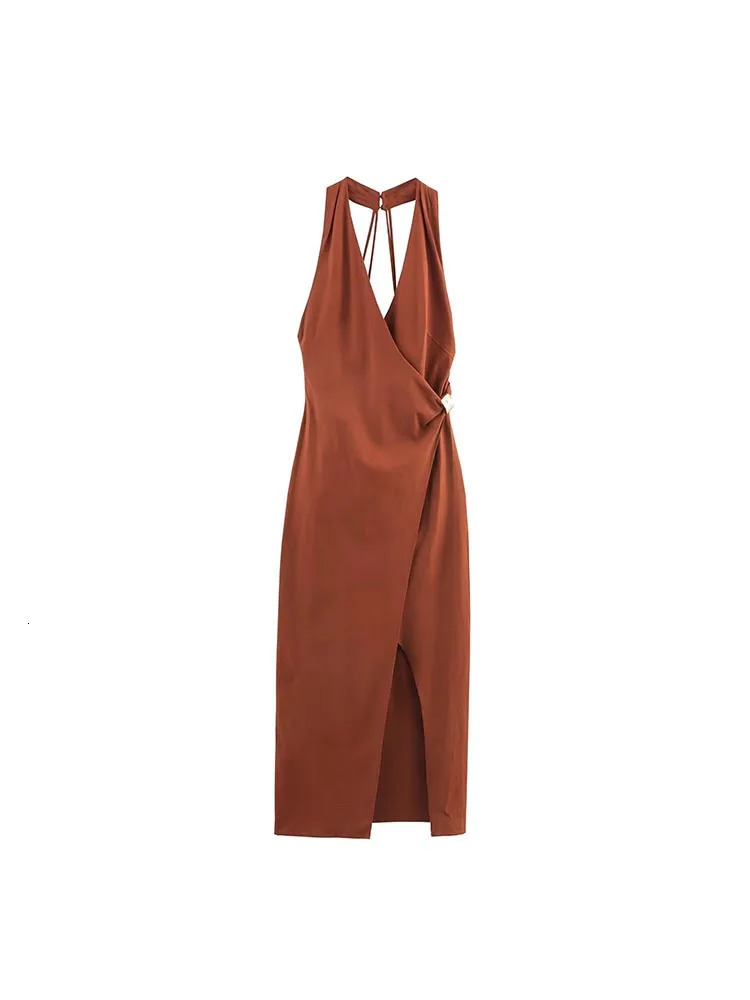 Women Summer MIDI Halter Dress Fashion Solid Linen Backless Strapless Female Elegant Street Party Dresses Clothing 250520