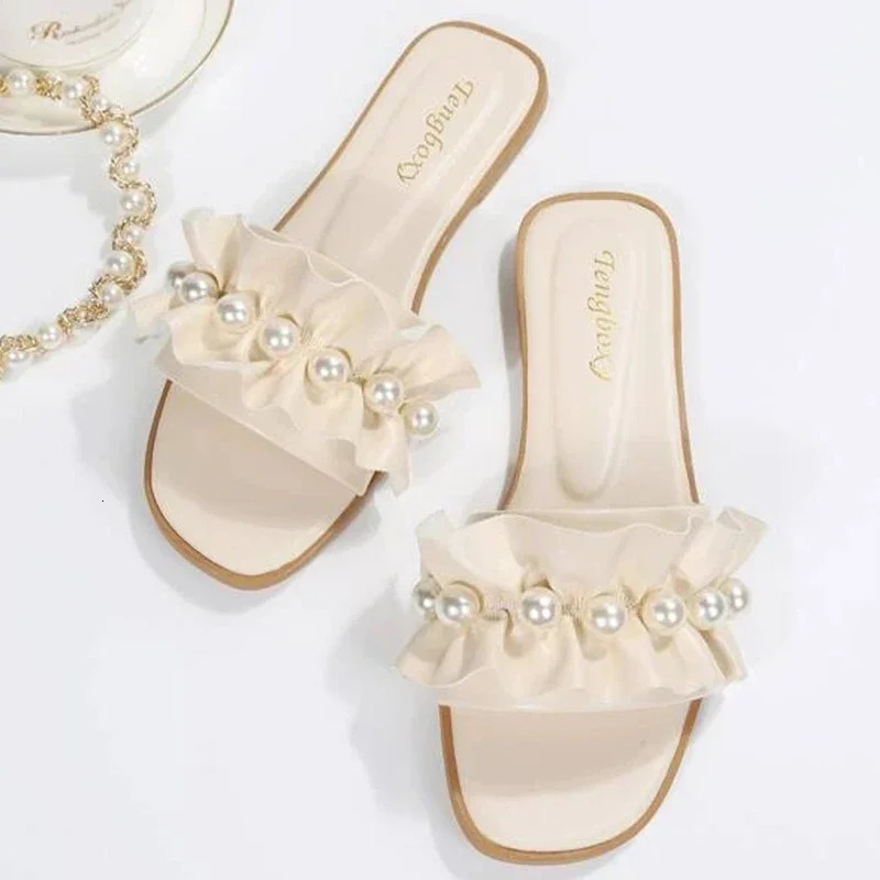 Women Slides Faux Pearl Decor Ruffle Trim Sandals Open Toe Wear-resistant Flat Slippers Summer Sandy Beach Sandals Women Shoes 250516