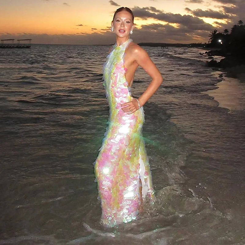 Chic Shinning Sequins Maxi Dress For Women Backless Sleeveless Halter Robes Lady Spring Summer Vacation Beach Dresses 250517